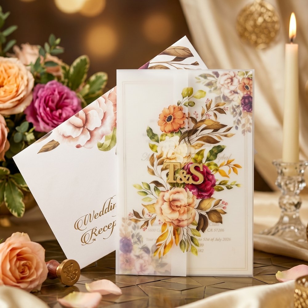5 Semi-Transparent Vellum Wedding Invitation with Floral Print - Image 1