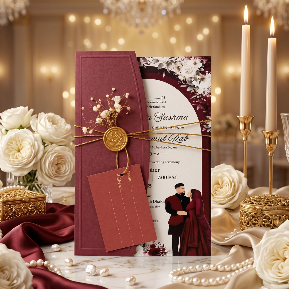 9 Premium Maroon Couple Illustration Wedding Card - Image 1