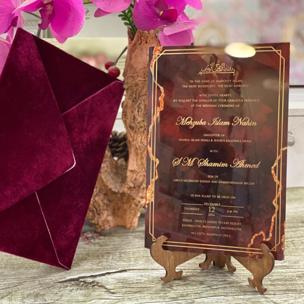 Maroon Velvet Envelope & Acrylic Wedding Card Maroon Velvet Envelope & Acrylic Wedding Card - Image 1